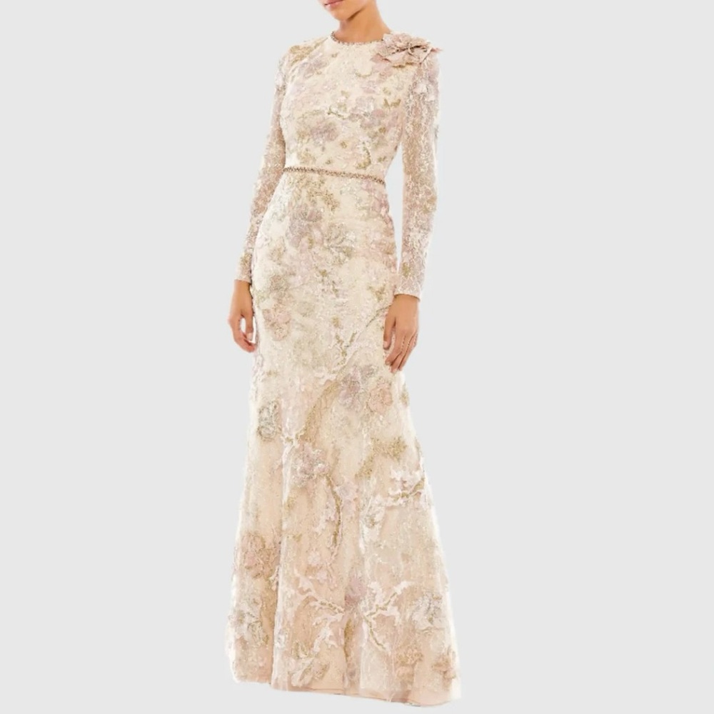 Mac Duggal Pink and Beige Embroidered Lace Trumpet Evening Dress